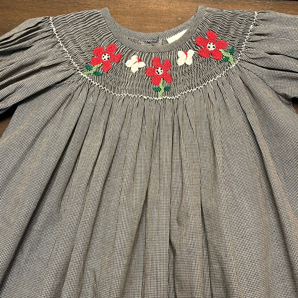 Zuccini Smocked Black/White Check with Red Flowers and White Butterflies Dress